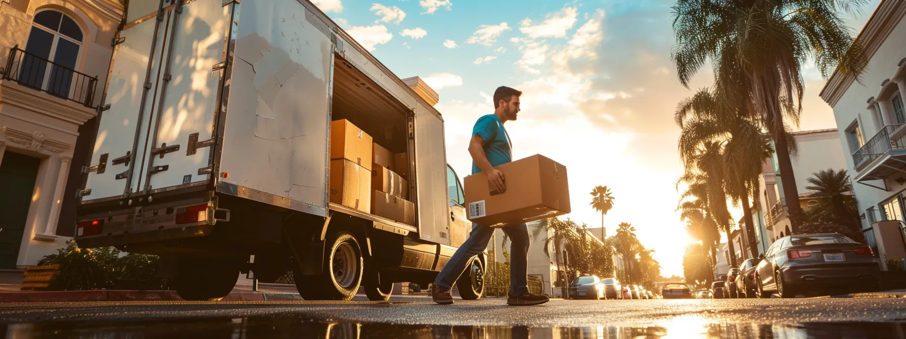 a group of movers loading packed boxes into a moving truck under the sunny skies of orange county, highlighting the hustle and bustle of a local move in anaheim, buena park, and fullerton. a group of movers loading packed boxes into a moving truck under the sunny skies of orange county, highlighting the hustle and bustle of a local move in anaheim, buena park, and fullerton.