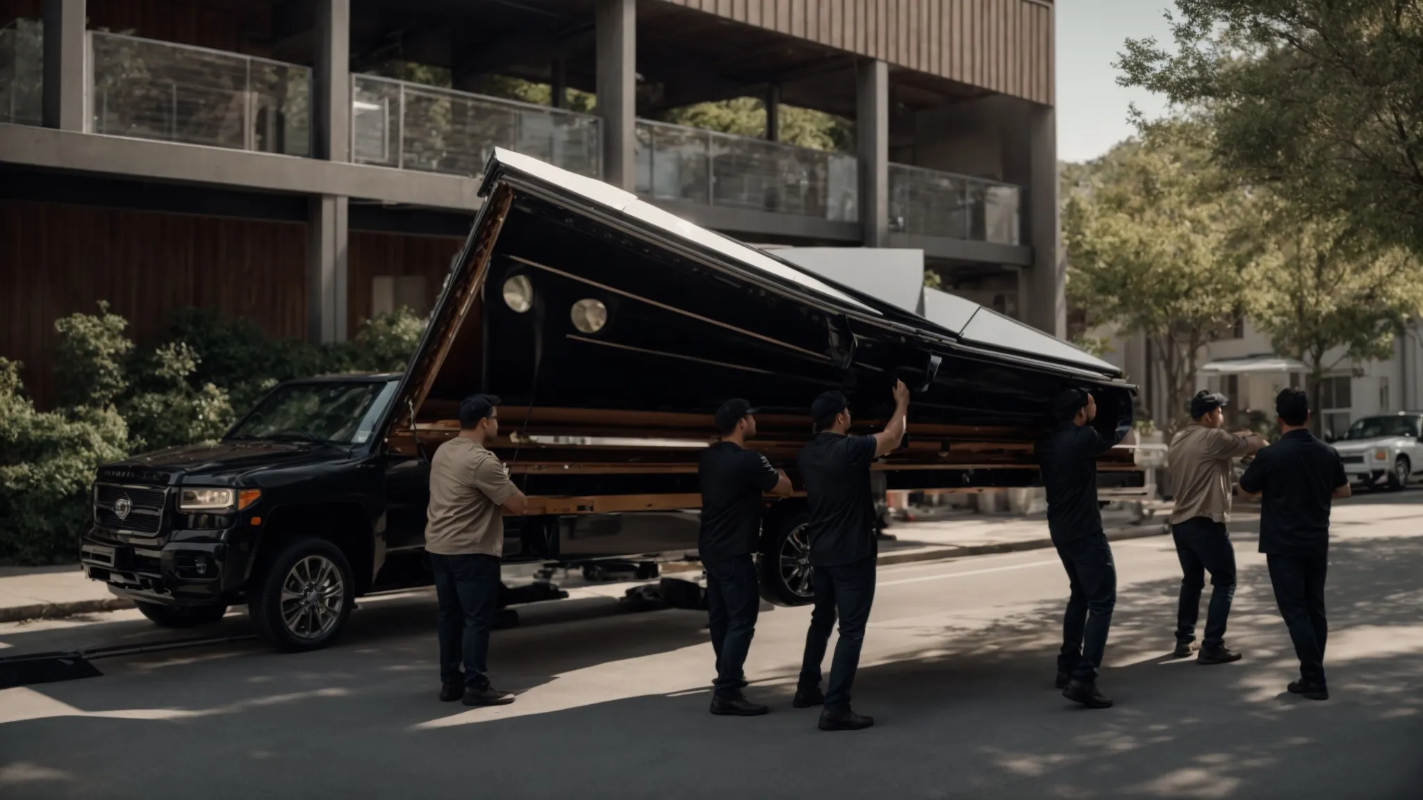 a group of piano movers carefully lifting a grand piano into a moving truck, showcasing strength and precision.
