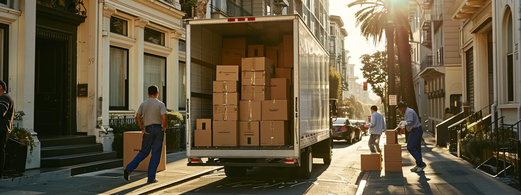 a group of professional movers carefully loading boxes into a moving truck in downtown san francisco, showcasing efficiency and expertise in handling the relocation process. (geo-tags: 37.7749° n, 122.4194° w)