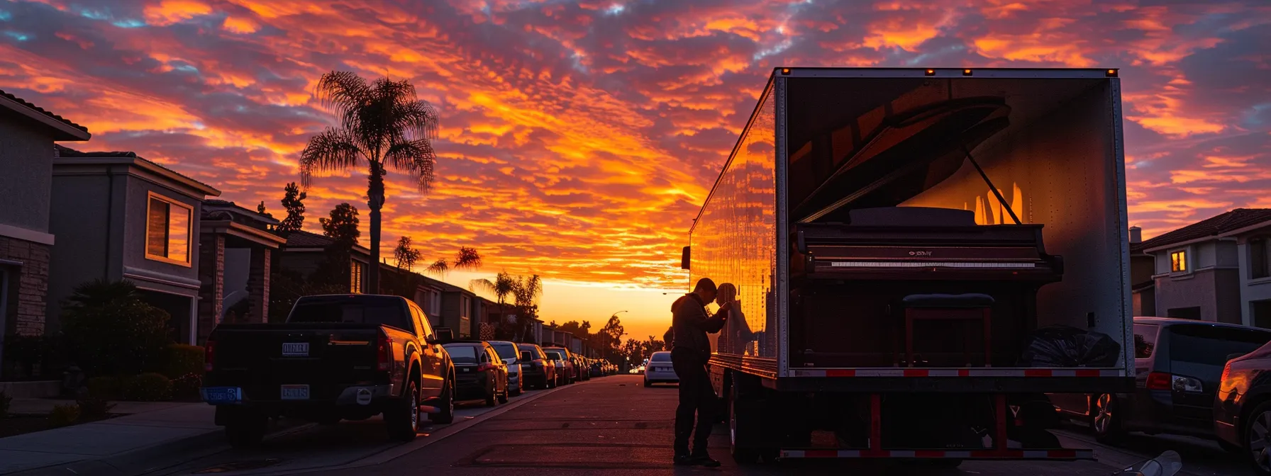 a group of professional movers carefully packing a piano into a moving truck against the backdrop of the vibrant orange county sunset in irvine, ca (33.6839° n, 117.7947° w).