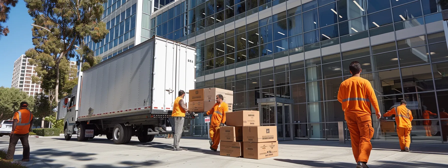 a group of professional movers in bright orange uniforms carefully loading boxes into a moving truck in front of a modern office building, showcasing reliability and efficiency (irvine, ca - 33.6846° n, 117.8265° w - image file name: professional_movers_irvine_ca). a group of professional movers in bright orange uniforms carefully loading boxes into a moving truck in front of a modern office building, showcasing reliability and efficiency (irvine, ca - 33.6846° n, 117.8265° w - image file name: professional_movers_irvine_ca).