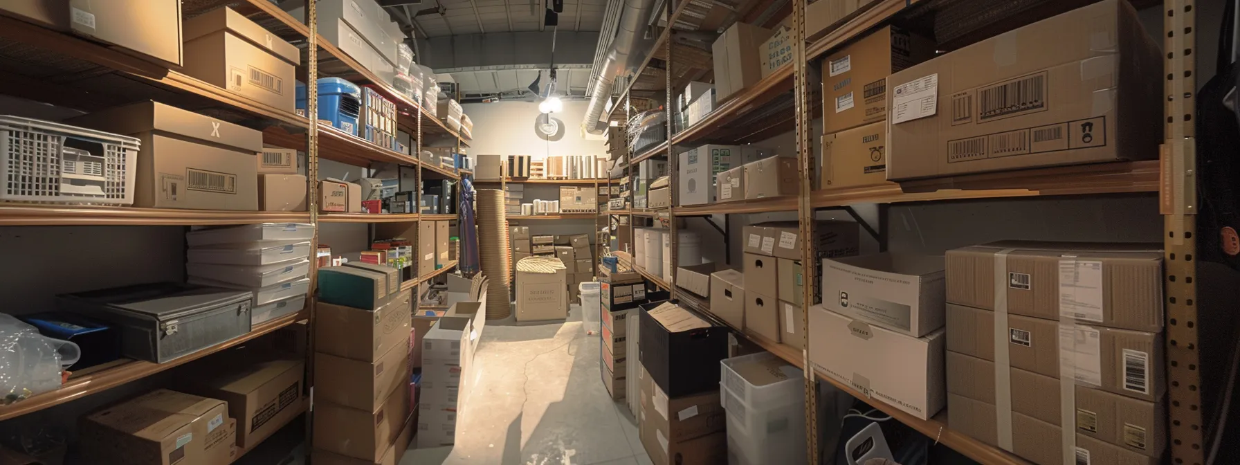 inside a compact storage unit in downtown san francisco, neatly labeled boxes and organized shelves maximize space efficiency for movers.