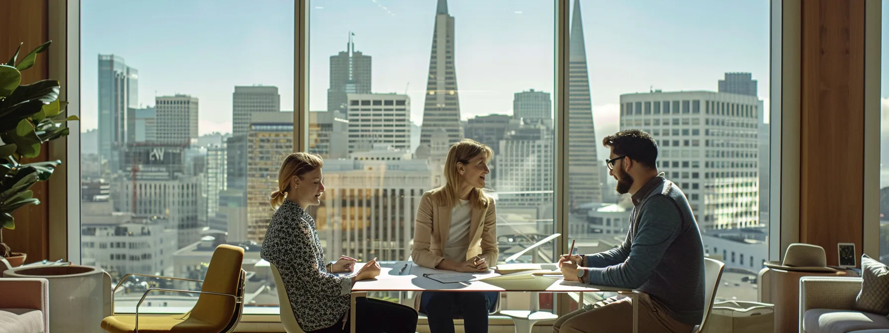 a moving coordinator reviewing contracts with a family at a bustling san francisco office overlooking the iconic skyline at coordinates 37.7749° n, 122.4194° w. a moving coordinator reviewing contracts with a family at a bustling san francisco office overlooking the iconic skyline at coordinates 37.7749° n, 122.4194° w.