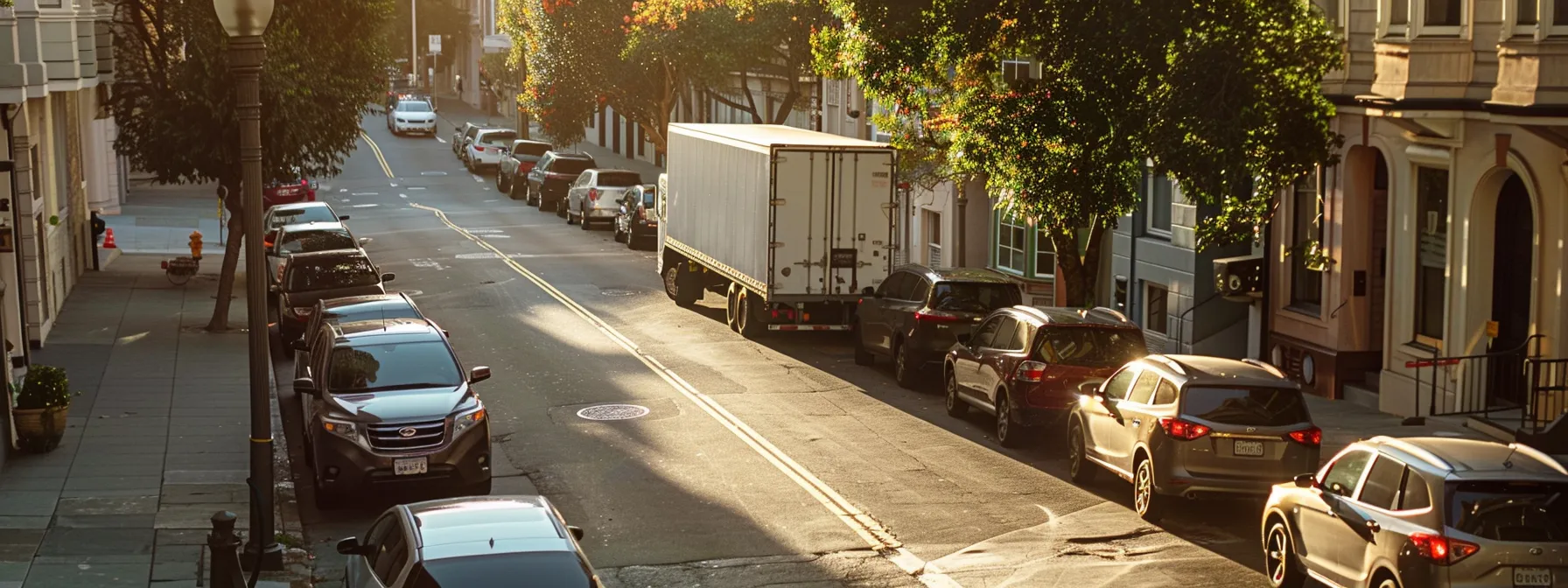 a moving truck carefully navigating through narrow streets lined with parked cars in downtown san francisco, facing unique challenges of limited parking and tight spaces. (geo-tags: 37.7749° n, 122.4194° w) a moving truck carefully navigating through narrow streets lined with parked cars in downtown san francisco, facing unique challenges of limited parking and tight spaces. (geo-tags: 37.7749° n, 122.4194° w)