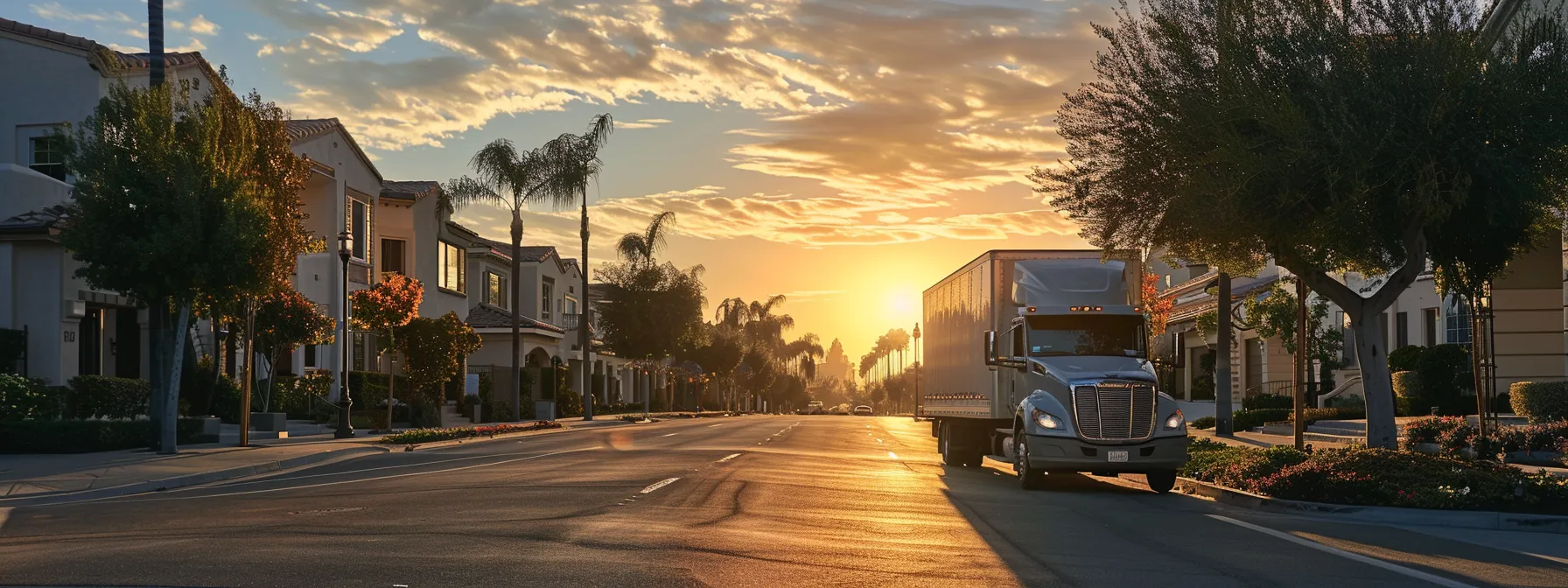 a moving truck driving through the picturesque streets of irvine, ca during sunset, showcasing the importance of timing and scheduling considerations (image: movingtruck_sunset_irvineca.jpeg, geotags: 33.6839° n, 117.8265° w). a moving truck driving through the picturesque streets of irvine, ca during sunset, showcasing the importance of timing and scheduling considerations (image: movingtruck_sunset_irvineca.jpeg, geotags: 33.6839° n, 117.8265° w).