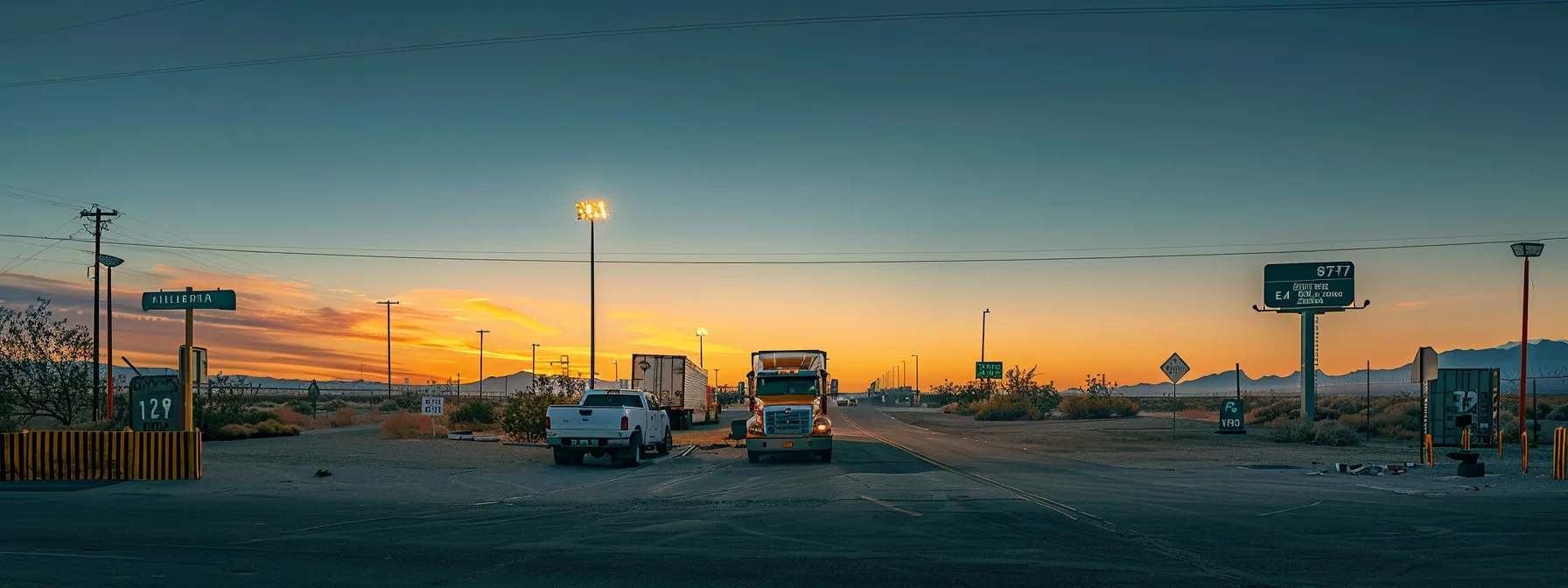 a moving truck parked at a checkpoint, with a clear view of state border signs. geo-tags: 37.7749° n, 122.4194° w. a moving truck parked at a checkpoint, with a clear view of state border signs. geo-tags: 37.7749° n, 122.4194° w.