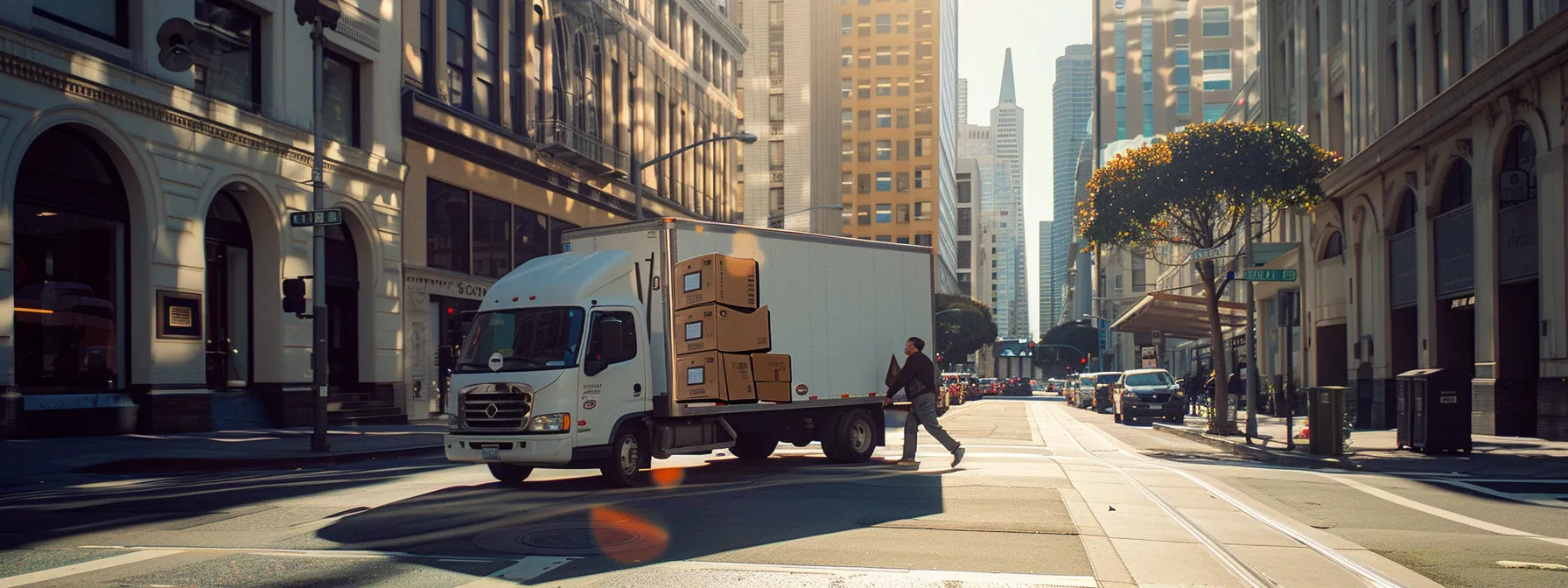 a moving truck parked in downtown san francisco, with movers unloading boxes marked with the company's logo, under the bright california sun. a moving truck parked in downtown san francisco, with movers unloading boxes marked with the company's logo, under the bright california sun.