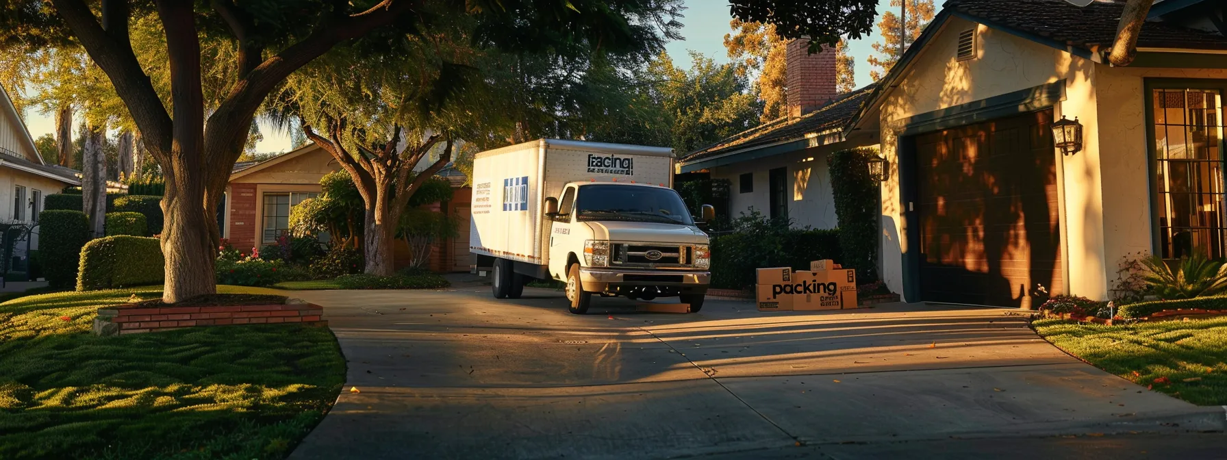 a moving truck parked in front of a tidy suburban home in irvine, ca, with professional movers unloading boxes labeled with a moving truck parked in front of a tidy suburban home in irvine, ca, with professional movers unloading boxes labeled with