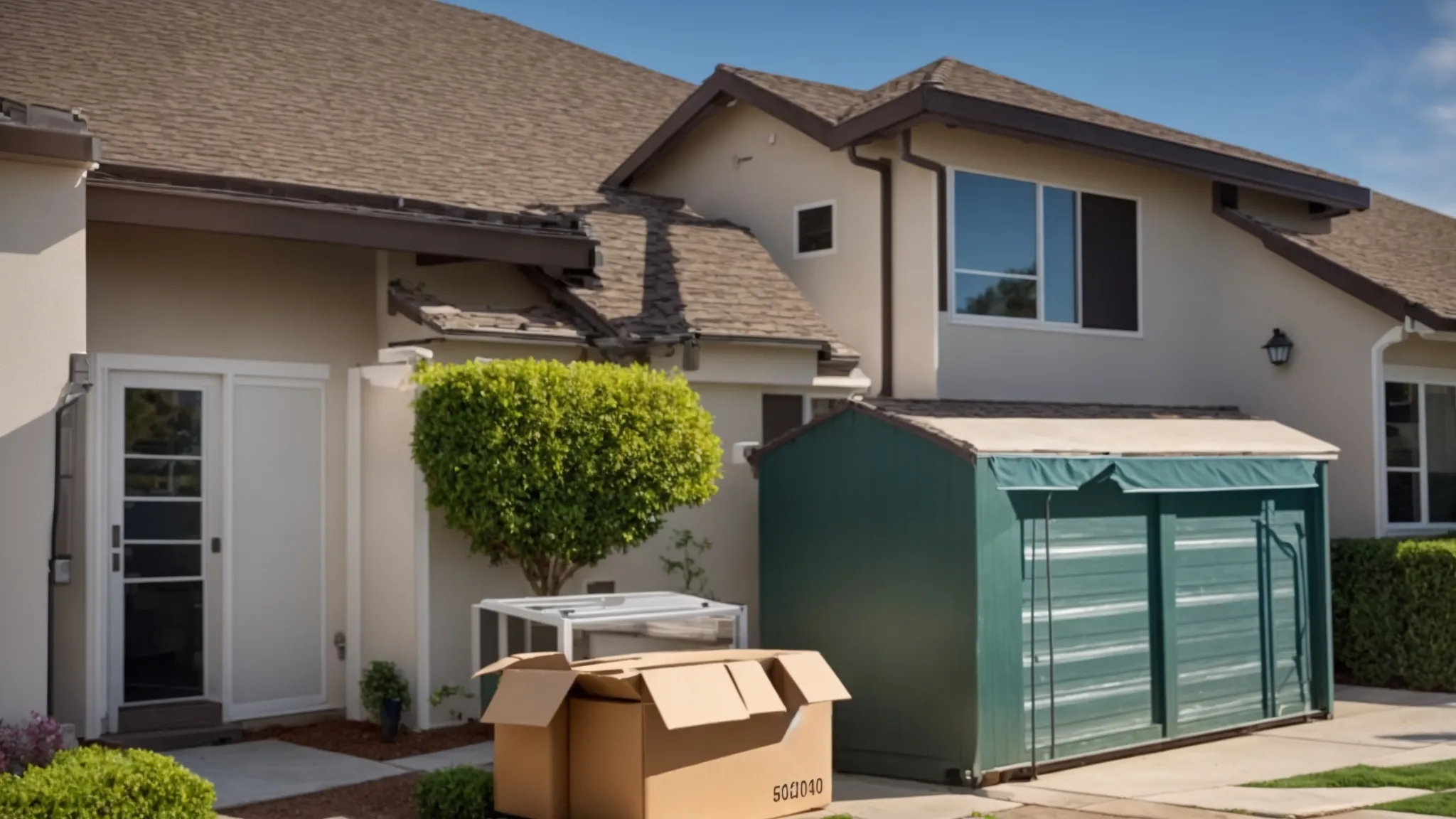 a moving truck parked in front of a suburban house, with movers frantically loading boxes under a clear blue sky in irvine, ca (33.6846° n, -117.8265° w). a moving truck parked in front of a suburban house, with movers frantically loading boxes under a clear blue sky in irvine, ca (33.6846° n, -117.8265° w).