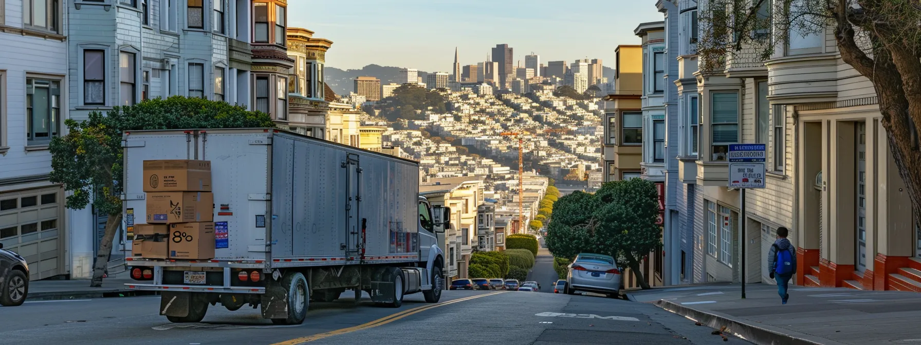 a moving truck parked on a hilly san francisco street, loaded with modern equipment and supplies for a safe and efficient relocation. a moving truck parked on a hilly san francisco street, loaded with modern equipment and supplies for a safe and efficient relocation.
