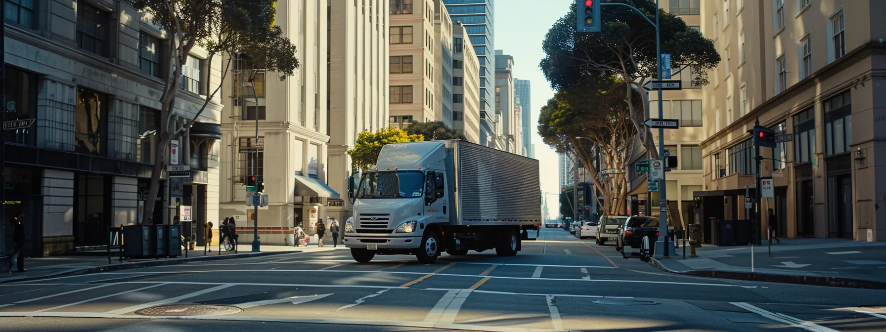 moving truck parked smoothly on a downtown san francisco street, surrounded by clear parking signs and a team of movers coordinating efficiently.