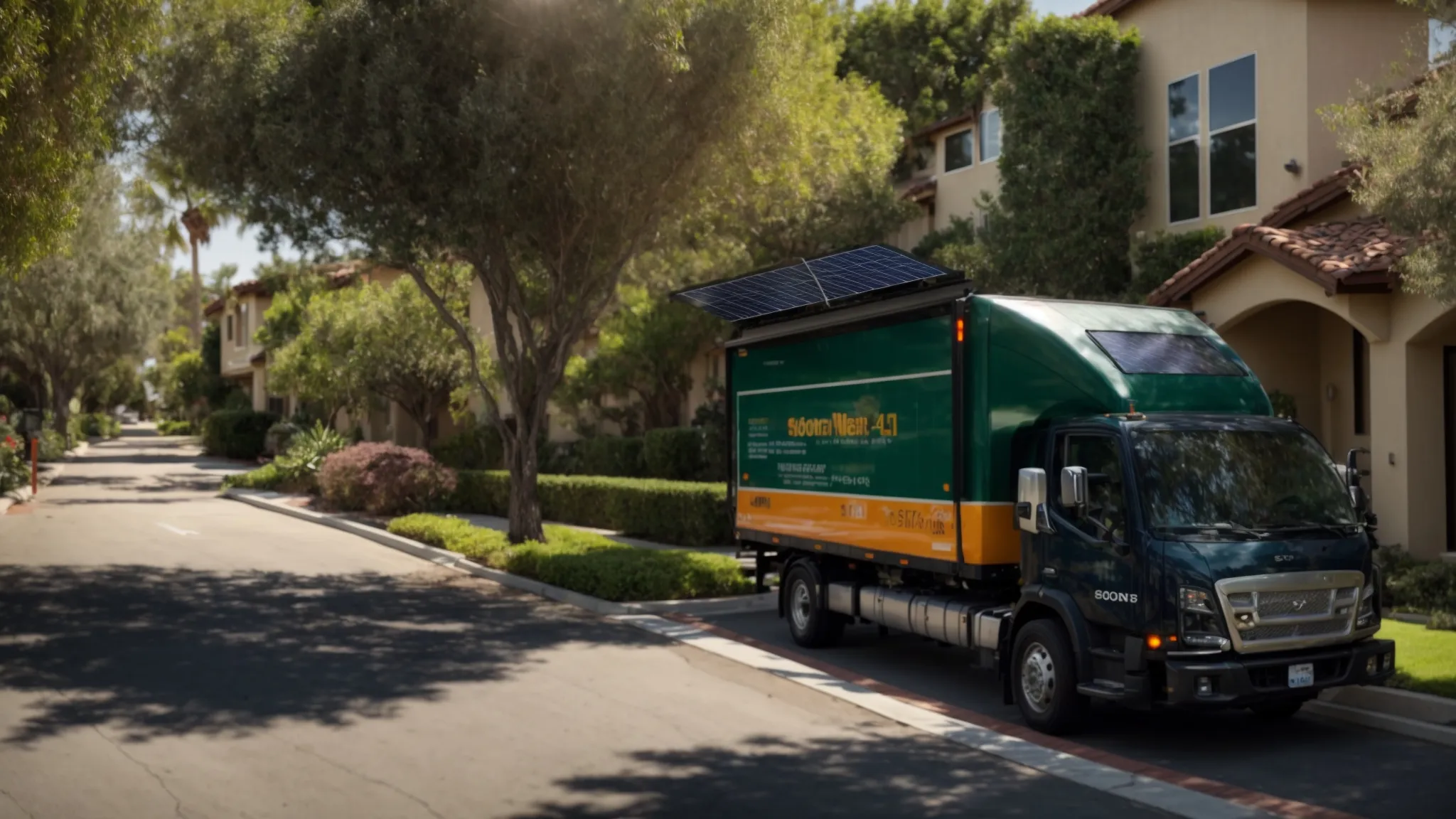 a moving truck powered by solar panels parked in a lush green neighborhood, symbolizing eco-friendly moving practices in irvine, ca (33.6846° n, -117.8265° w).