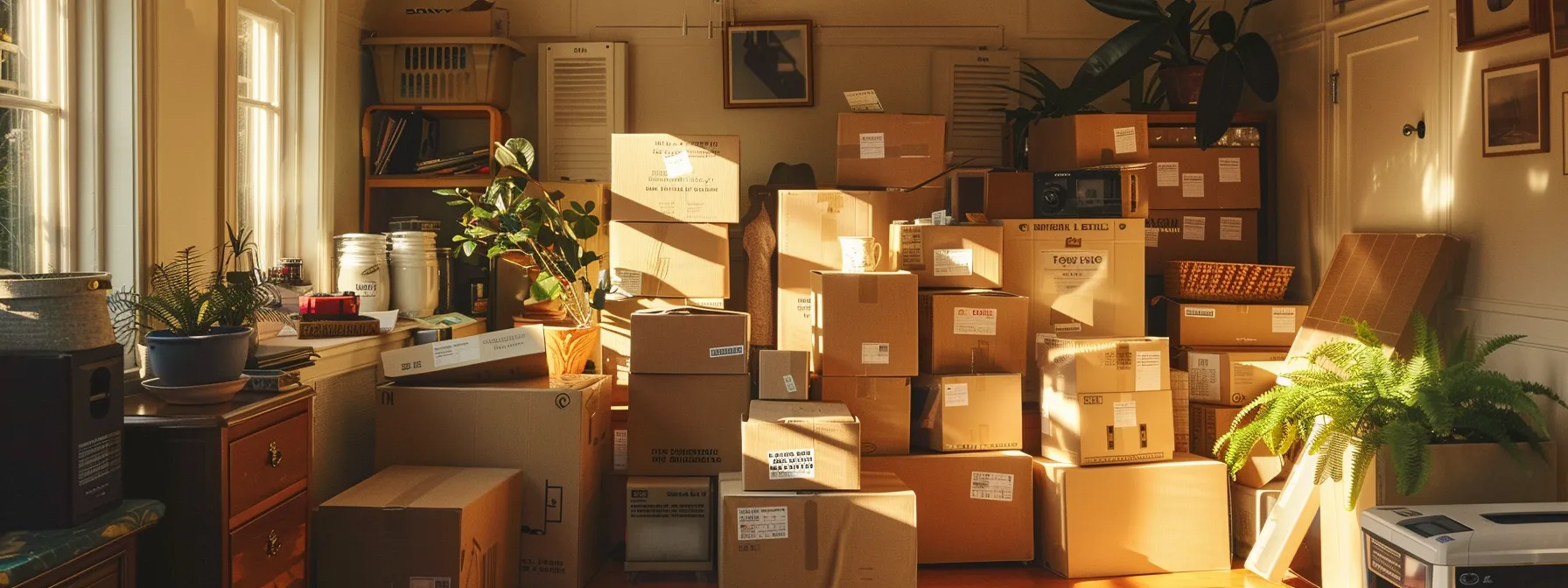 a neatly labeled stack of moving boxes filled with carefully packed belongings, ready to be loaded onto a moving truck in downtown san francisco (37.7749&deg; n, 122.4194&deg; w).