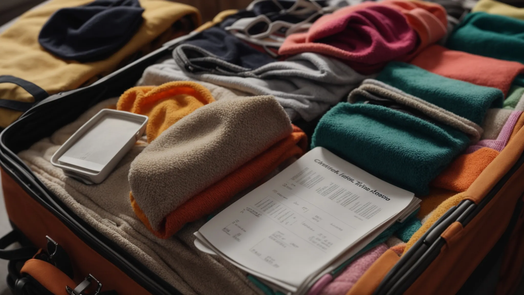 a neatly organized suitcase filled with wool clothing and a colorful swimsuit sits next to a checklist, ready for a trip to san francisco. a neatly organized suitcase filled with wool clothing and a colorful swimsuit sits next to a checklist, ready for a trip to san francisco.