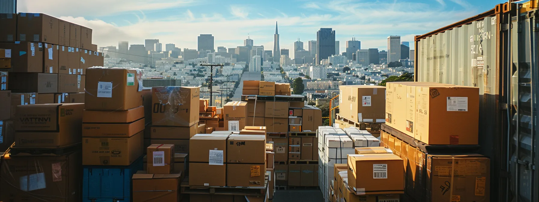 neatly packed boxes labeled and stacked efficiently in a moving truck against the backdrop of the iconic skyline of downtown san francisco. neatly packed boxes labeled and stacked efficiently in a moving truck against the backdrop of the iconic skyline of downtown san francisco.
