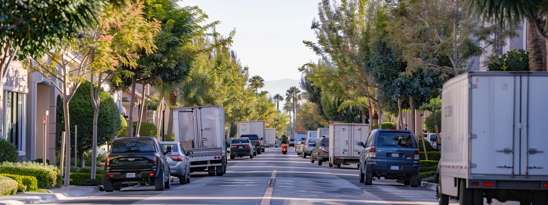 a peaceful residential street in irvine, ca, lined with moving trucks and professional movers efficiently handling furniture, boxes, and belongings with precision and care.