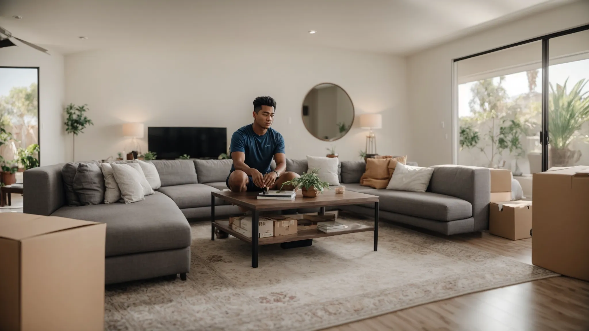 a person calmly supervising a team of movers efficiently packing boxes in a spacious living room in irvine, ca (33.6846° n, -117.8265° w). a person calmly supervising a team of movers efficiently packing boxes in a spacious living room in irvine, ca (33.6846° n, -117.8265° w).
