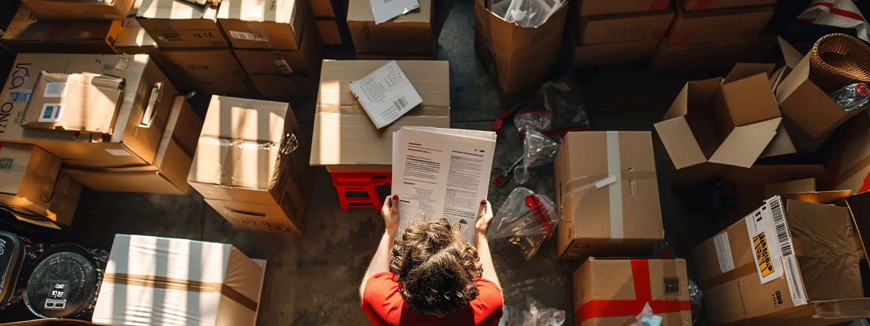 a person carefully examining detailed moving quotes surrounded by boxes and packing supplies in irvine, ca (33.6846° n, 117.8265° w).