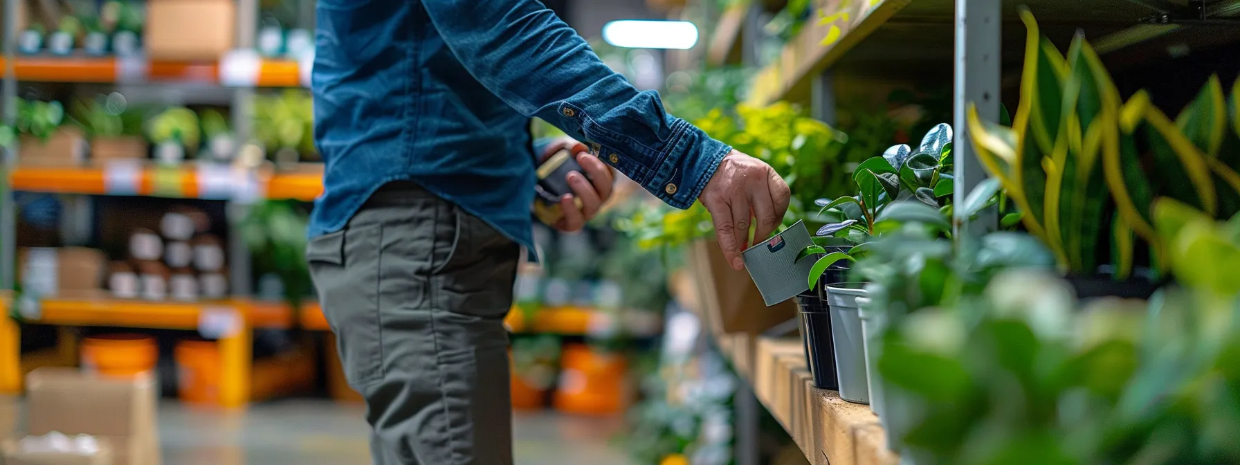 a person carefully selecting eco-friendly packing materials at a sustainable moving supply store in orange county, california.