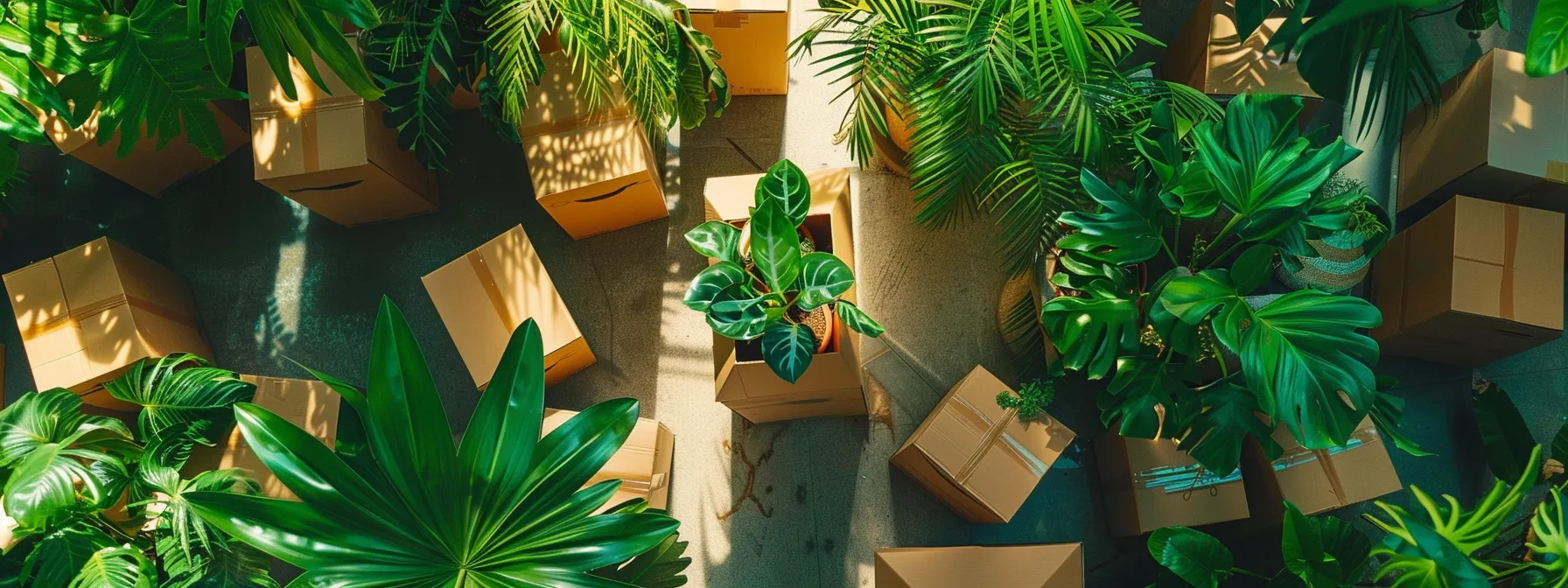 a person packing eco-friendly moving boxes surrounded by green plants and recycling bins, symbolizing a sustainable move in irvine, ca (33.6846° n, 117.8265° w).