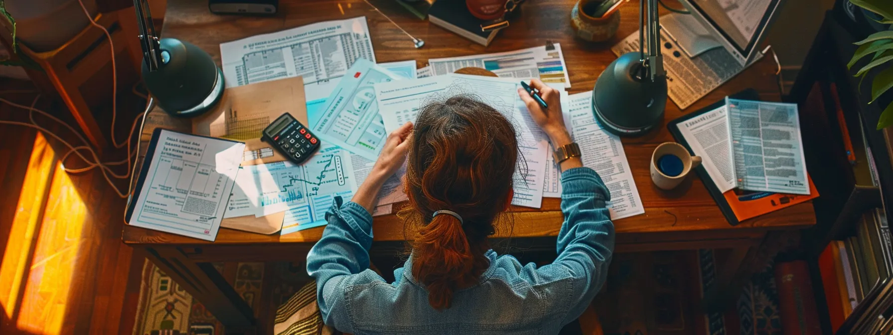 a person sitting at a desk, surrounded by papers and a calculator, with a map of orange county on the wall, planning their budget for a local move.
