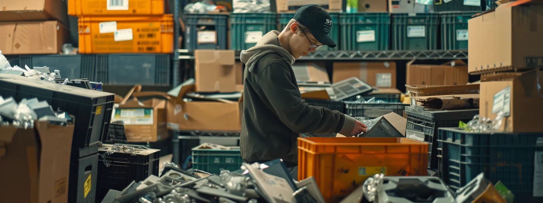 a person sorting through a pile of electronics for recycling, with a backdrop of labeled donation boxes, capturing the essence of environmental responsibility in irvine, ca (coordinates: 33.6839&deg; n, 117.7947&deg; w).