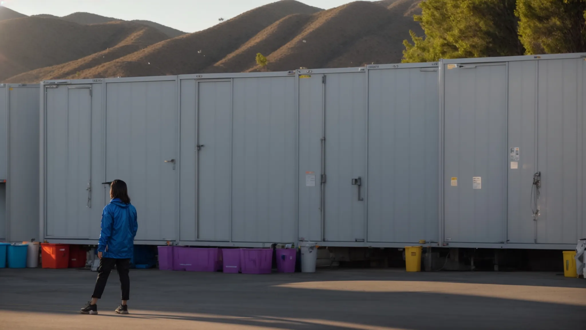 a person standing in front of a row of brightly colored storage units at a secure orange county facility, with mountains in the background, showcasing a diverse selection of storage providers in irvine, ca (33.6846° n, -117.8265° w). a person standing in front of a row of brightly colored storage units at a secure orange county facility, with mountains in the background, showcasing a diverse selection of storage providers in irvine, ca (33.6846° n, -117.8265° w).