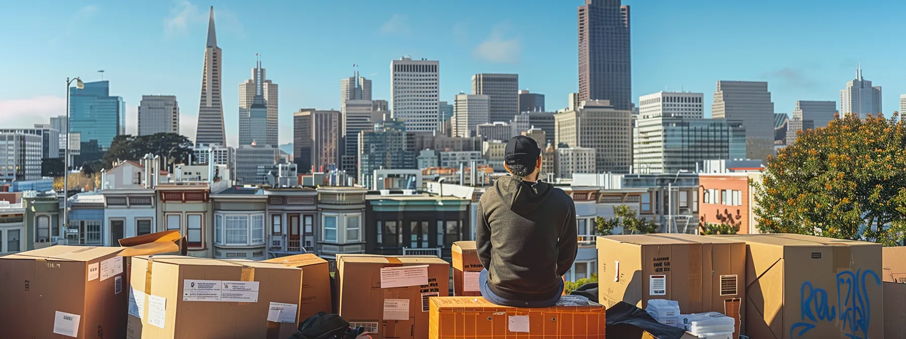 a person surrounded by labeled moving boxes, packing supplies, and a detailed checklist against the backdrop of san francisco's iconic skyline with coordinates (37.7749° n, 122.4194° w).