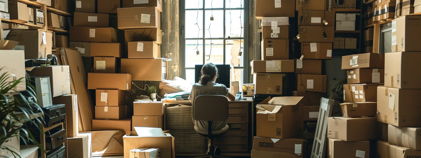 a person surrounded by stacks of moving boxes and a computer, comparing online quotes from north american van lines and mayflower transit for their cross country move in orange county. a person surrounded by stacks of moving boxes and a computer, comparing online quotes from north american van lines and mayflower transit for their cross country move in orange county.