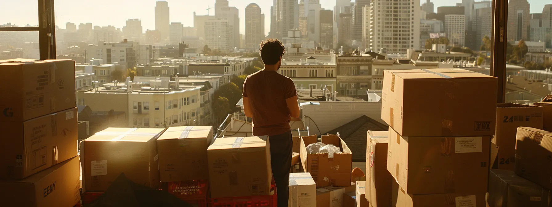 a person updating their address with the united states postal service surrounded by moving boxes and a san francisco cityscape in the background at the coordinates 37.7749° n, 122.4194° w.
