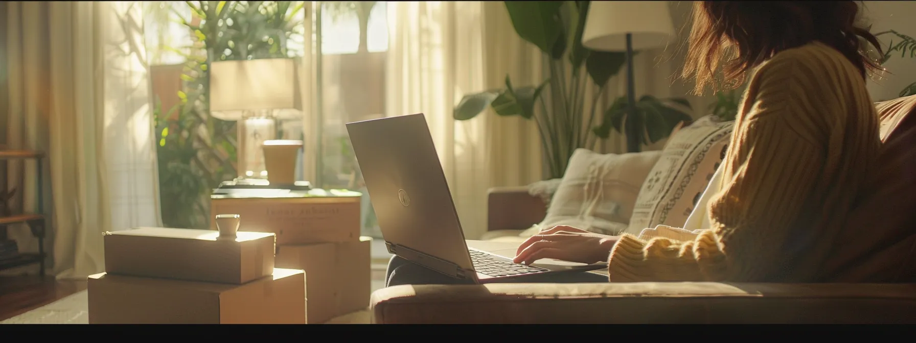 a person using a moving cost calculator on a laptop in a bright, organized living room, with moving boxes in the background, in irvine, ca (33.6846° n, 117.8265° w). a person using a moving cost calculator on a laptop in a bright, organized living room, with moving boxes in the background, in irvine, ca (33.6846° n, 117.8265° w).