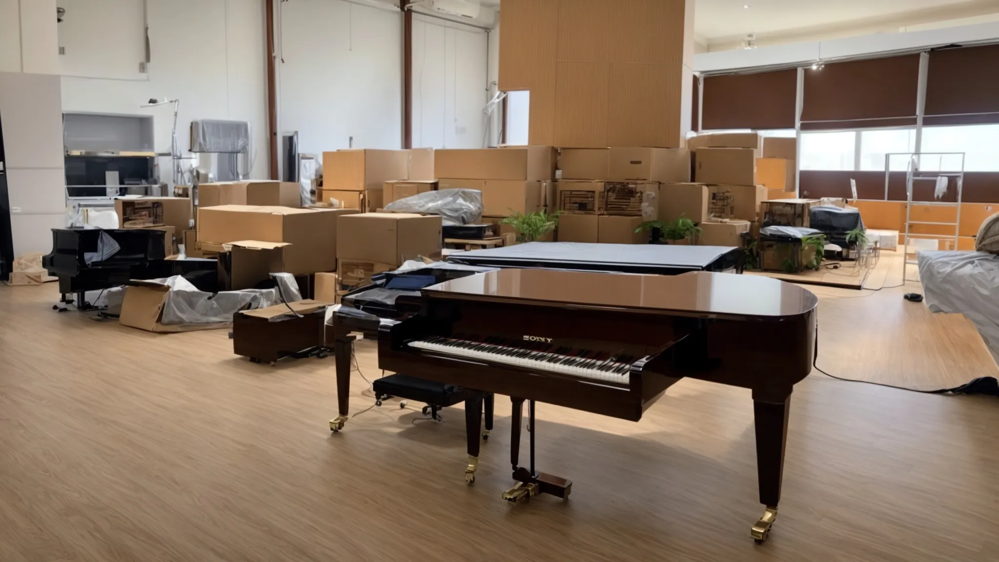 a piano being carefully maneuvered out of a clutter-free, obstacle-free room by professional movers in irvine, ca (33.6846° n, -117.8265° w).