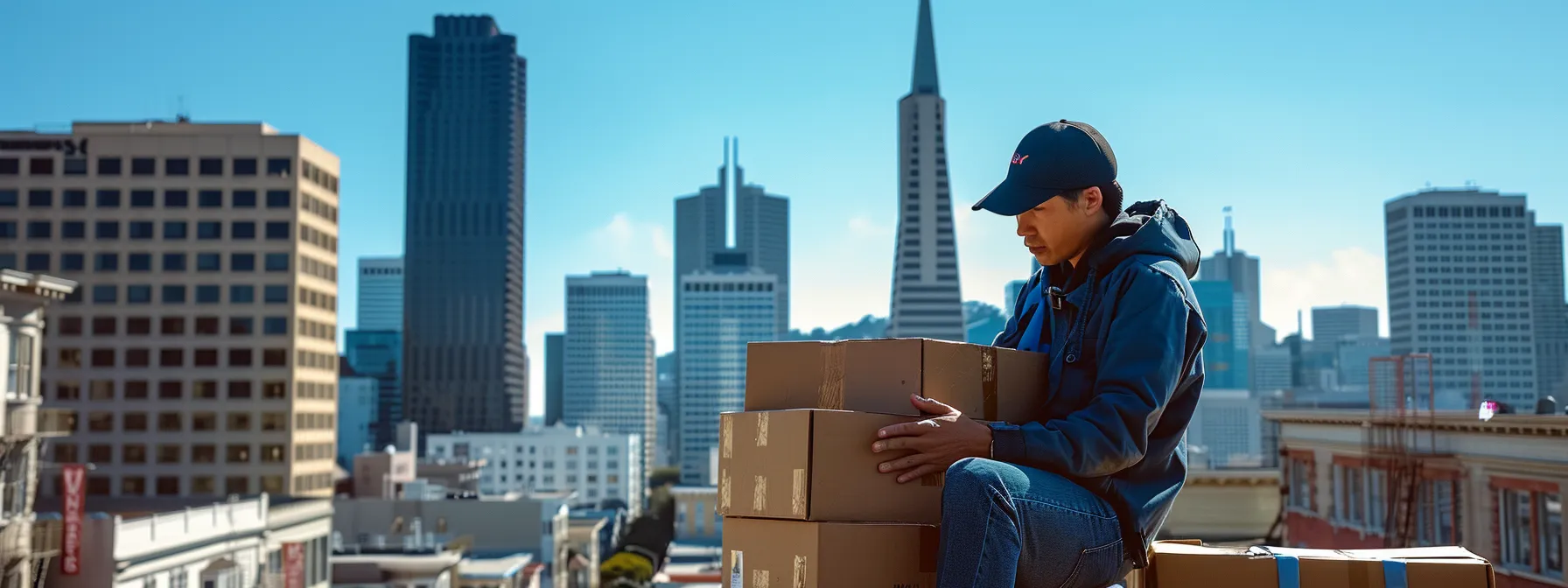a professional san francisco long distance mover carefully packing delicate items under the bright california sun, with the iconic skyline of downtown san francisco in the background, 37.7749° n, 122.4194° w.
