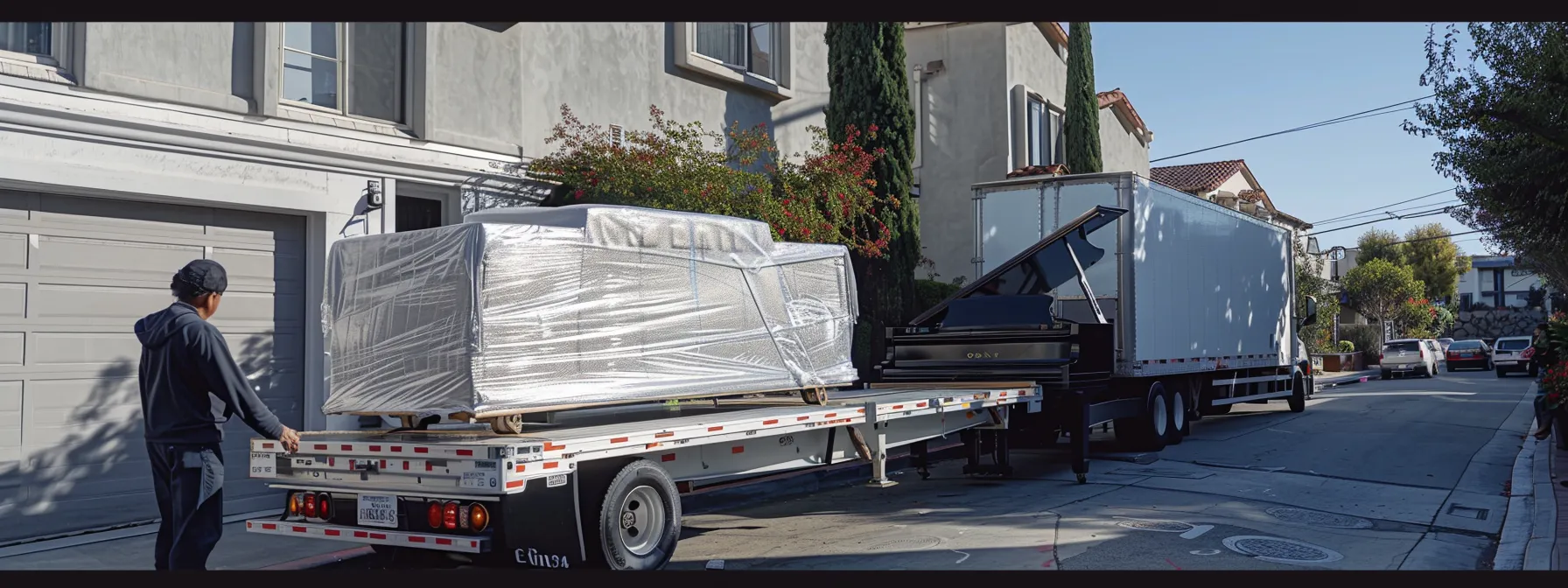 professional furniture movers carefully wrapping a grand piano in protective padding before loading it onto a moving truck in los angeles. professional furniture movers carefully wrapping a grand piano in protective padding before loading it onto a moving truck in los angeles.