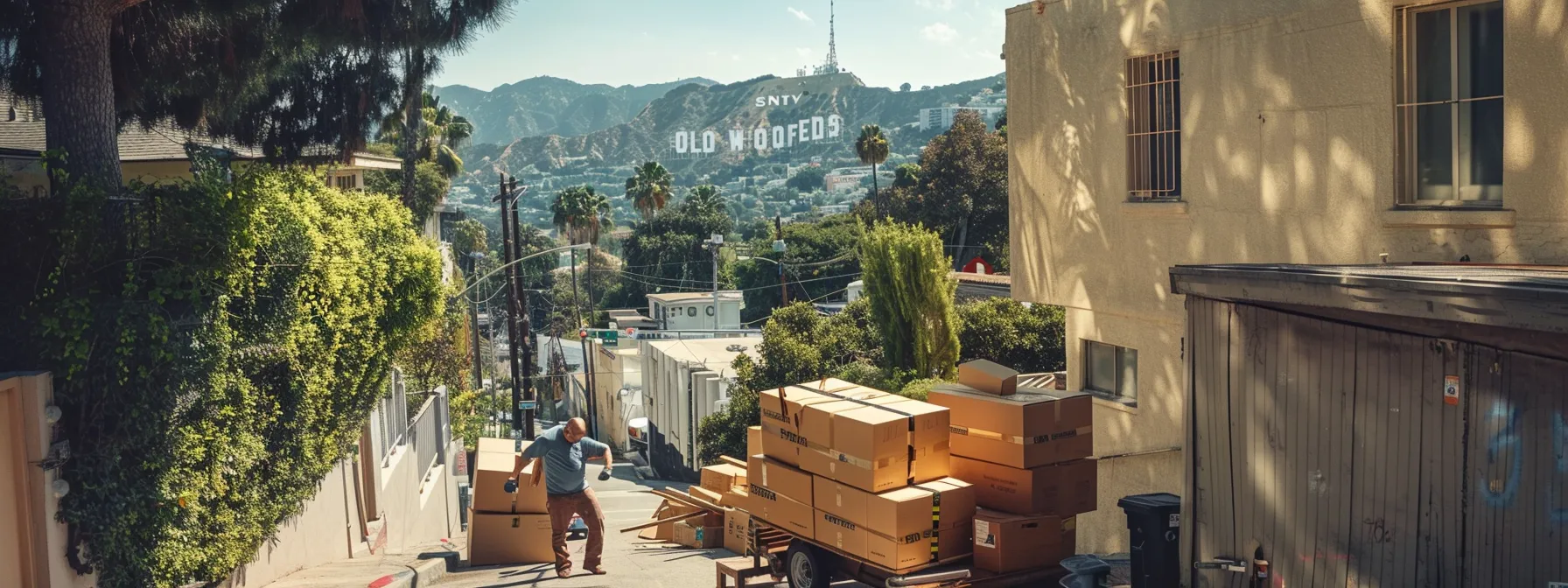 professional movers carefully maneuvering furniture up a narrow staircase in a los angeles apartment building, surrounded by moving boxes and the iconic hollywood sign in the background. professional movers carefully maneuvering furniture up a narrow staircase in a los angeles apartment building, surrounded by moving boxes and the iconic hollywood sign in the background.
