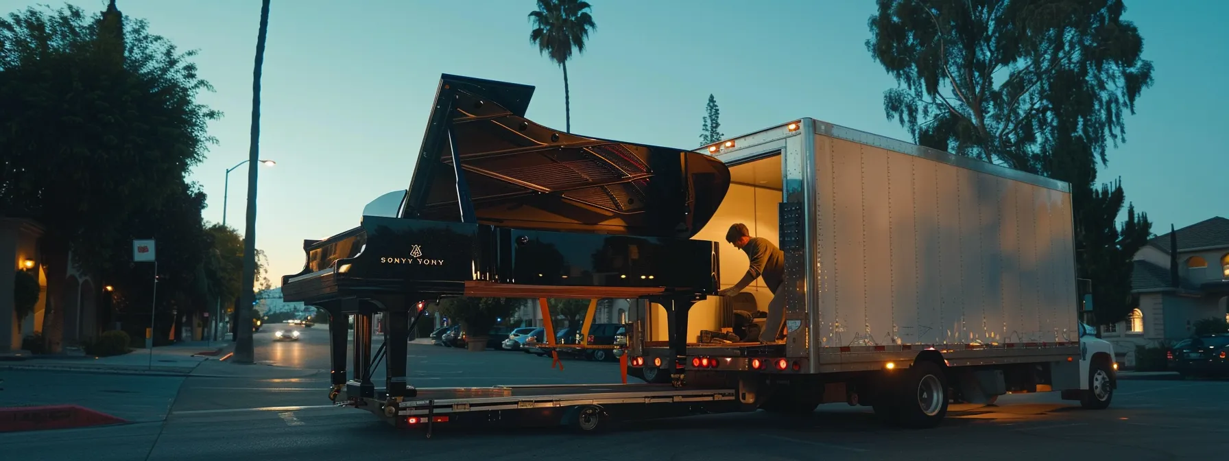 professional movers effortlessly lifting a grand piano into a moving truck, showcasing efficiency and expertise.