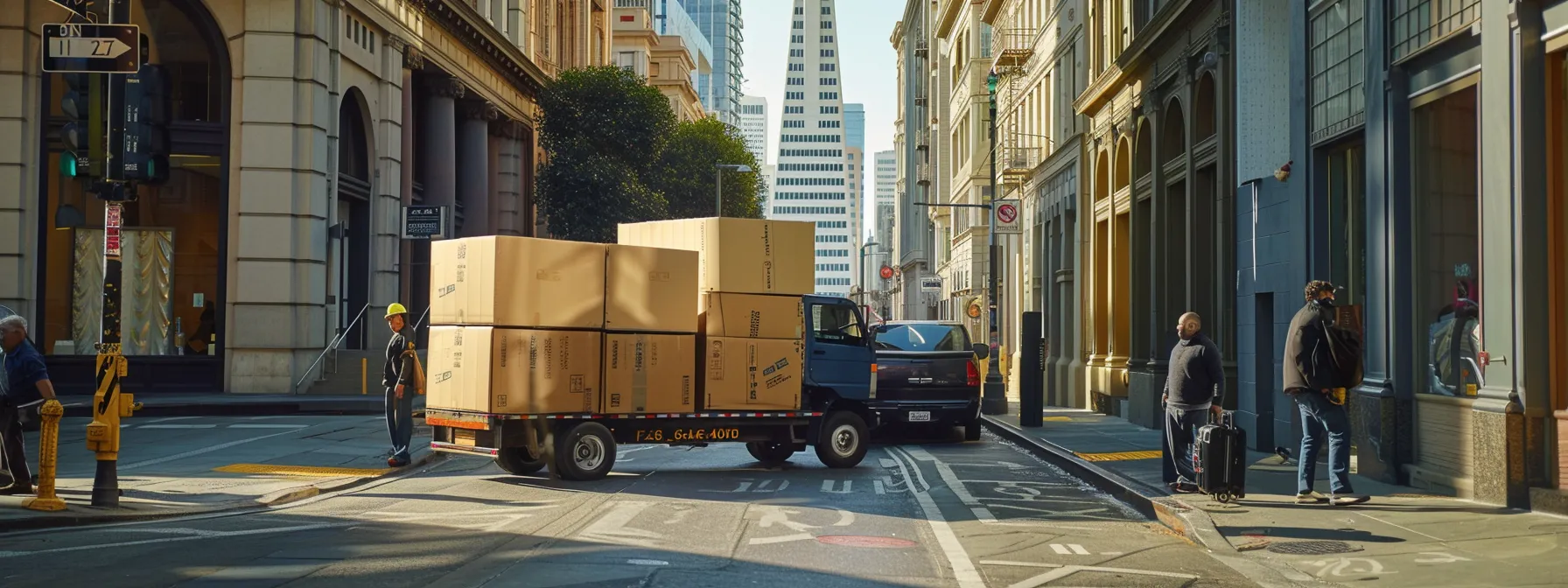 professional office movers carefully transporting valuable assets through the bustling streets of downtown san francisco (37.7749° n, 122.4194° w). professional office movers carefully transporting valuable assets through the bustling streets of downtown san francisco (37.7749° n, 122.4194° w).