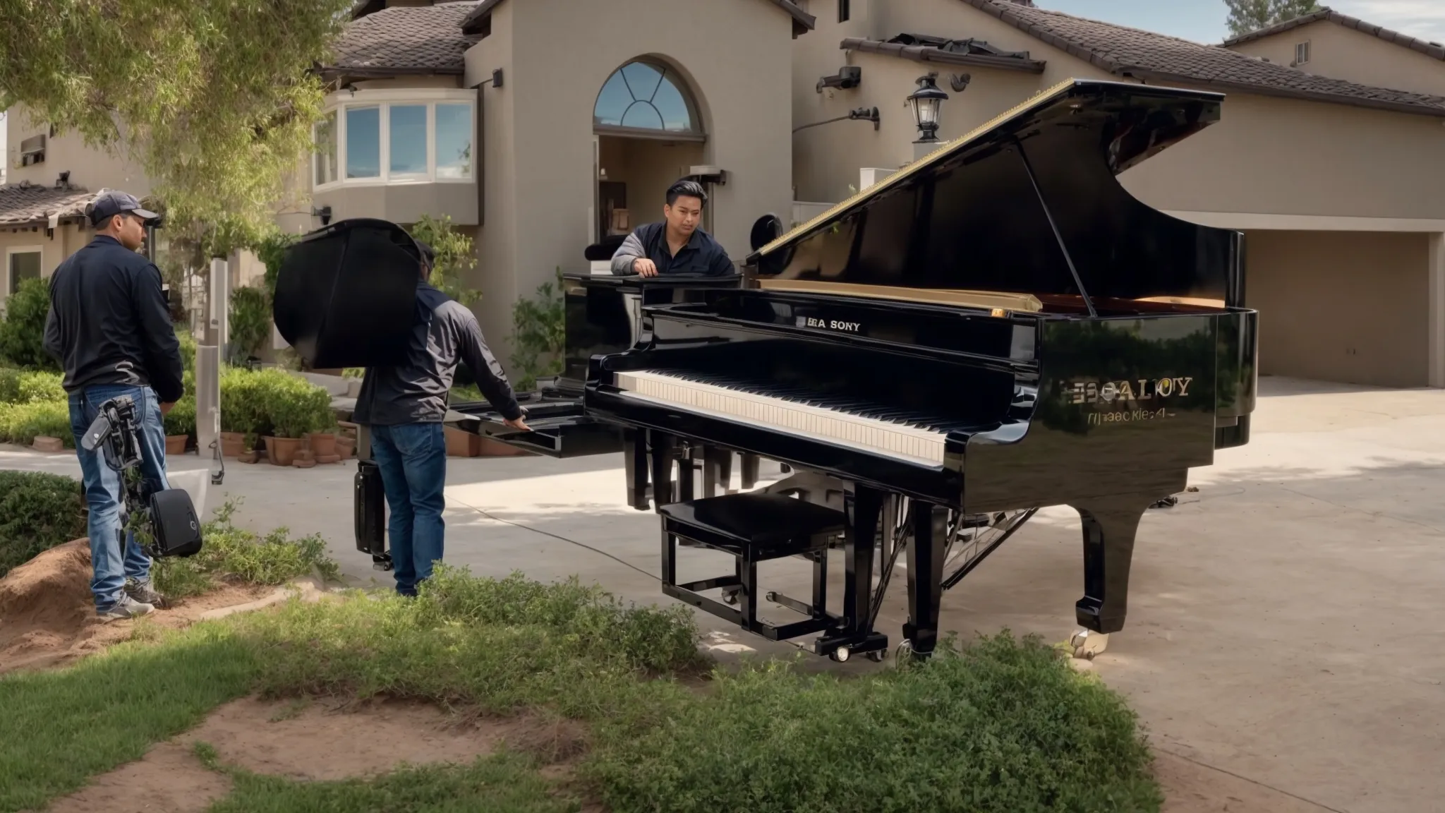 a professional piano mover gently lifts a grand piano onto a specialized truck, surrounded by a team of experts and high-quality moving equipment in irvine, ca. a professional piano mover gently lifts a grand piano onto a specialized truck, surrounded by a team of experts and high-quality moving equipment in irvine, ca.