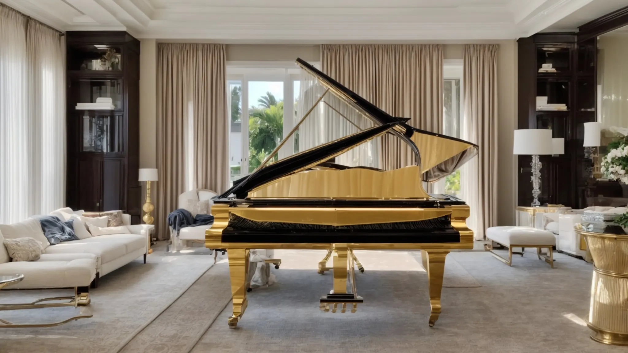 a professional piano moving team carefully transporting a grand piano through a luxurious home in irvine, ca (33.6839° n, -117.8254° w). a professional piano moving team carefully transporting a grand piano through a luxurious home in irvine, ca (33.6839° n, -117.8254° w).
