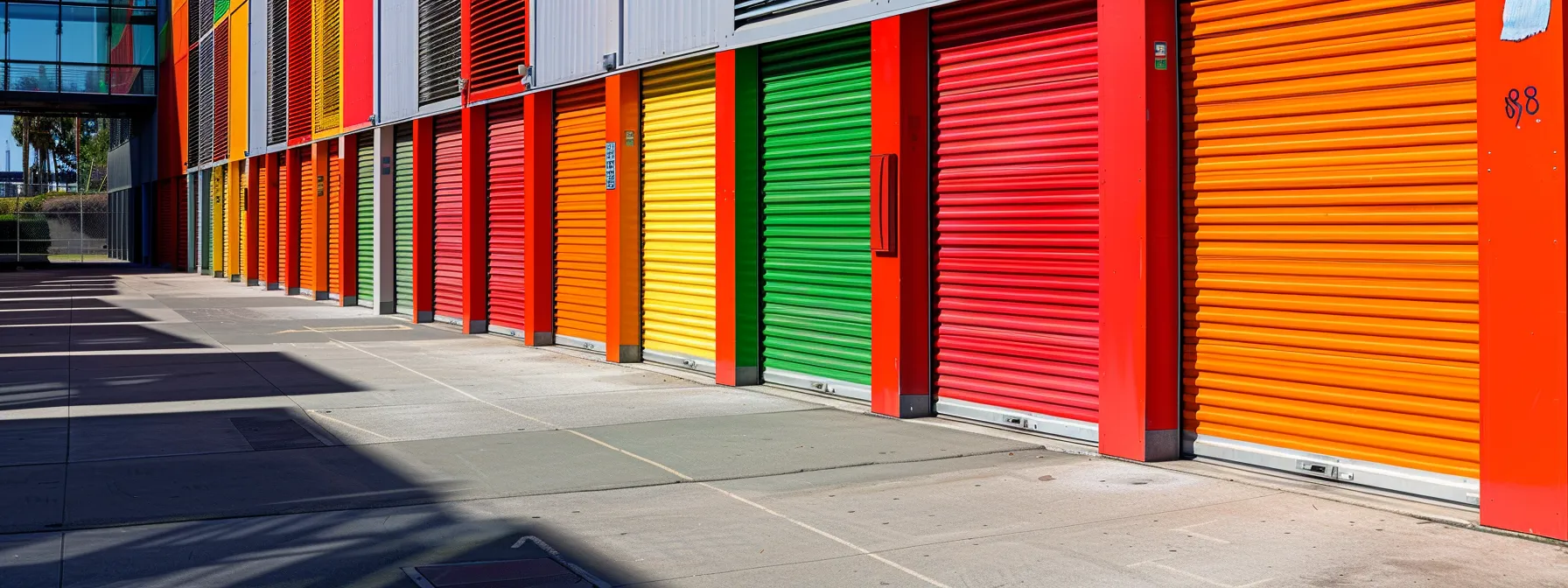a row of modern, secure storage units with bright, vivid signage in downtown san francisco. (geo-tags: 37.7749° n, 122.4194° w) a row of modern, secure storage units with bright, vivid signage in downtown san francisco. (geo-tags: 37.7749° n, 122.4194° w)