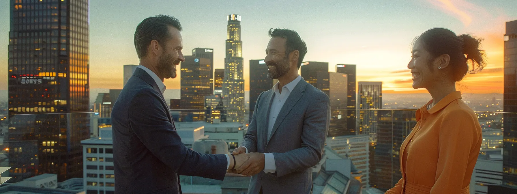 satisfied customers smiling and shaking hands with the move central team in front of a beautiful los angeles skyline. satisfied customers smiling and shaking hands with the move central team in front of a beautiful los angeles skyline.