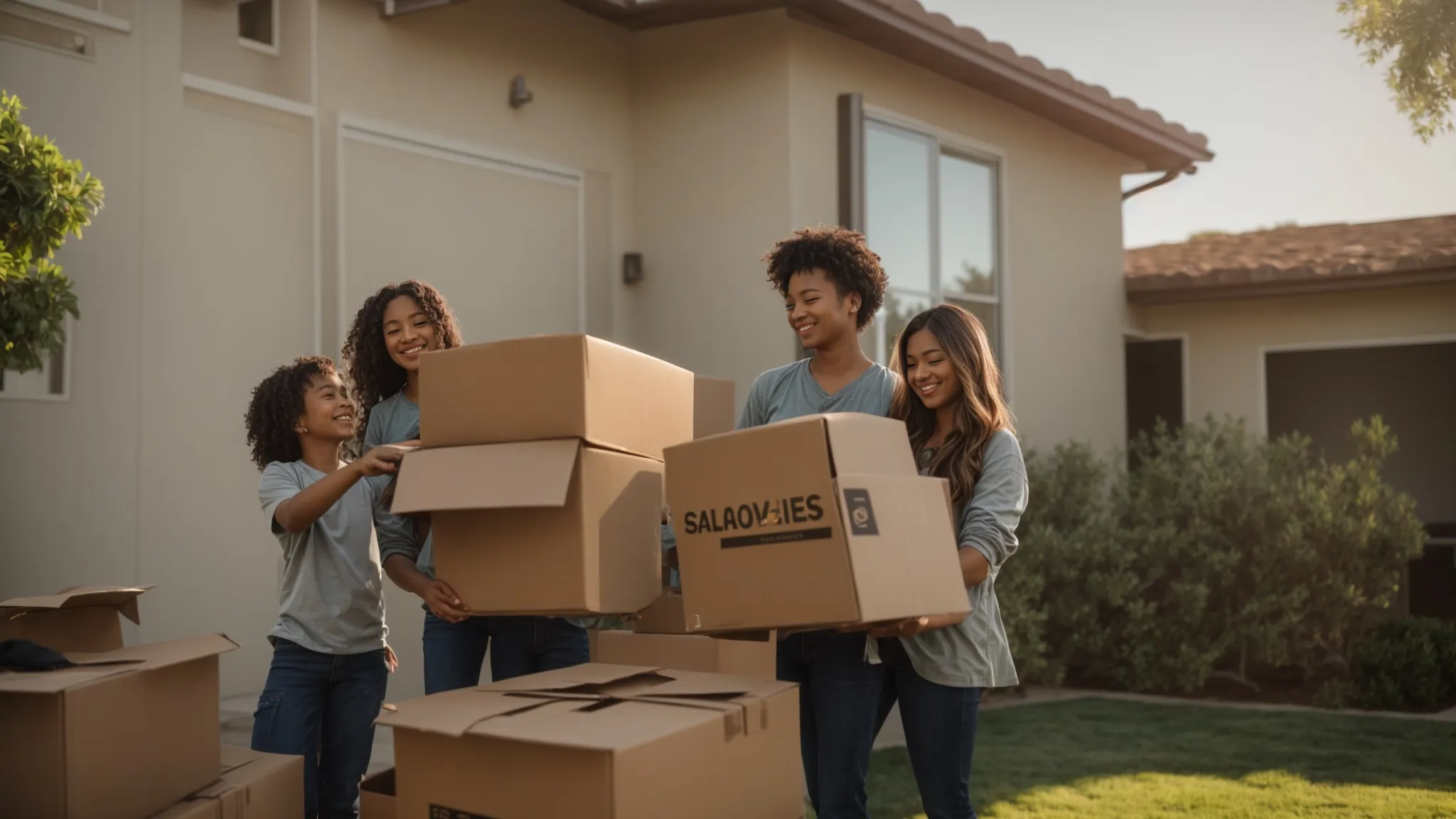 a smiling family unloading solar-powered moving boxes outside their eco-friendly home in irvine, ca (33.6839&deg; n, -117.7947&deg; w).