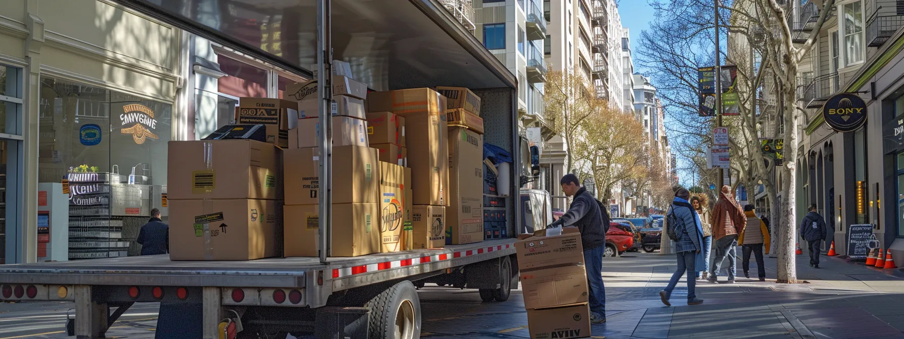 smoothly guiding through the bustling streets of san francisco, a professional moving team carefully loads unique and large items into a secure truck, ready for a seamless relocation to new york.