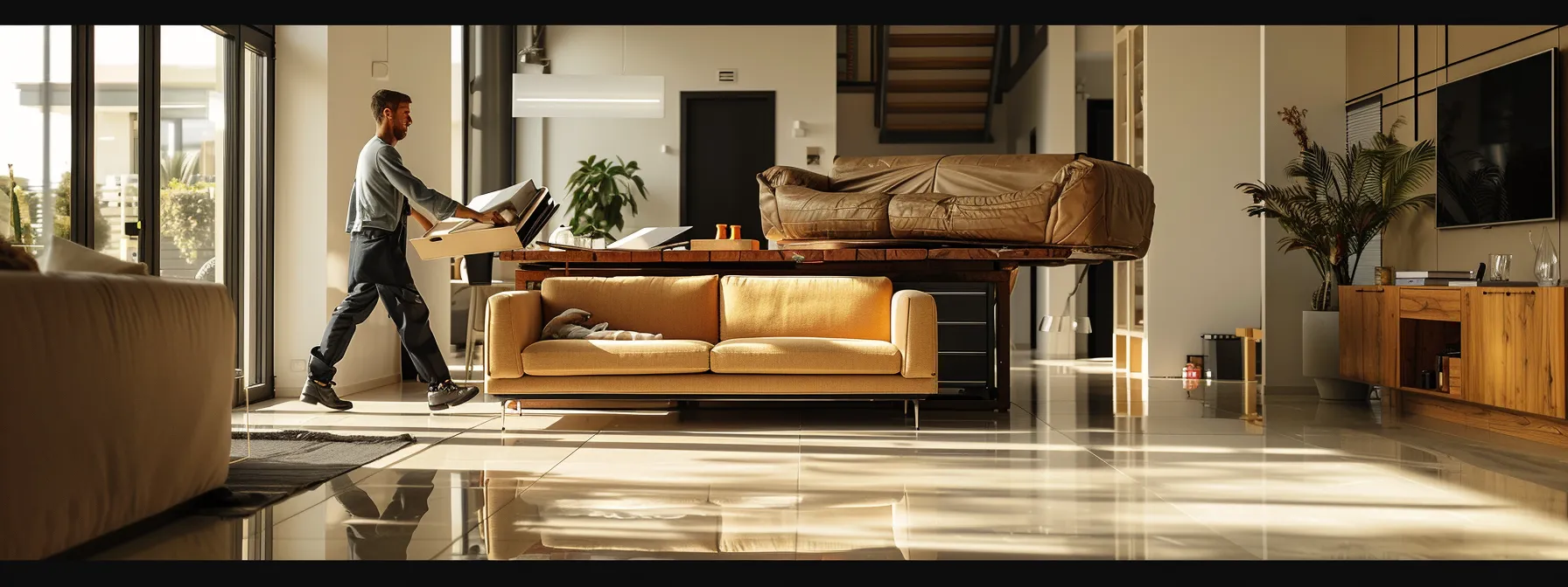 specialized furniture movers expertly carrying a luxurious couch through a modern, spacious living room.
