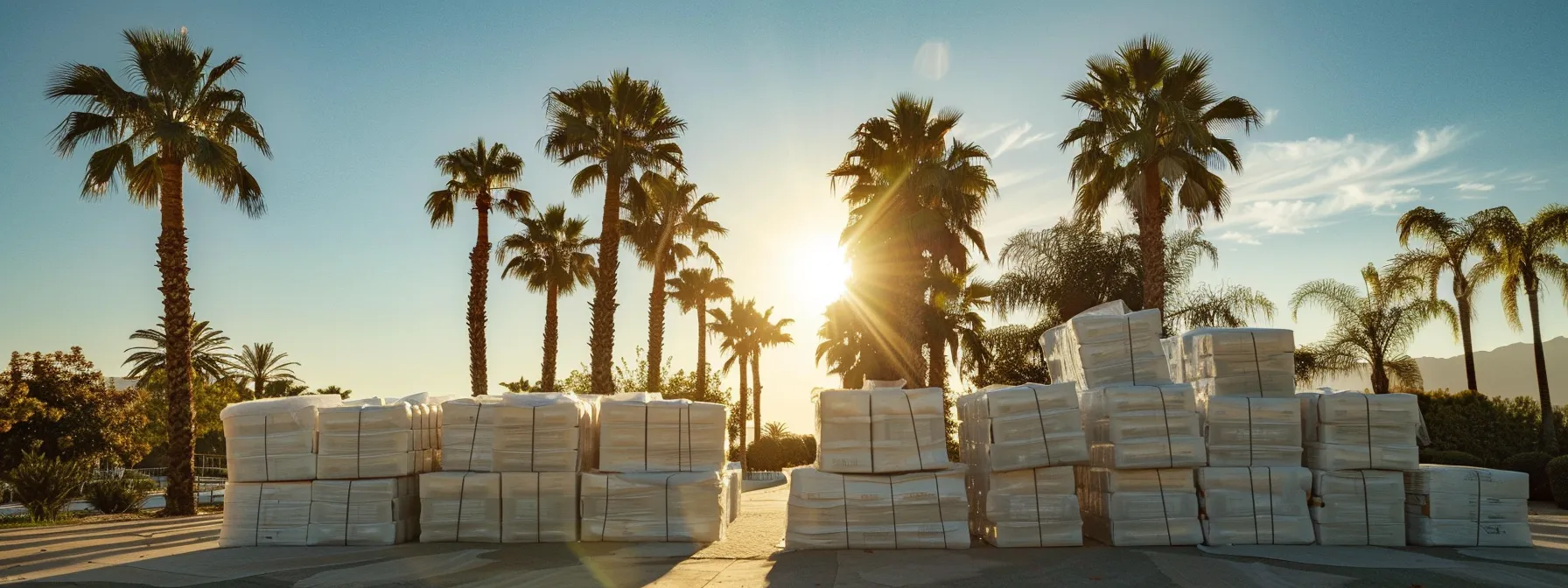 a stack of biodegradable packaging materials against a backdrop of palm trees under the california sun in irvine, ca (33.6846° n, 117.8265° w).