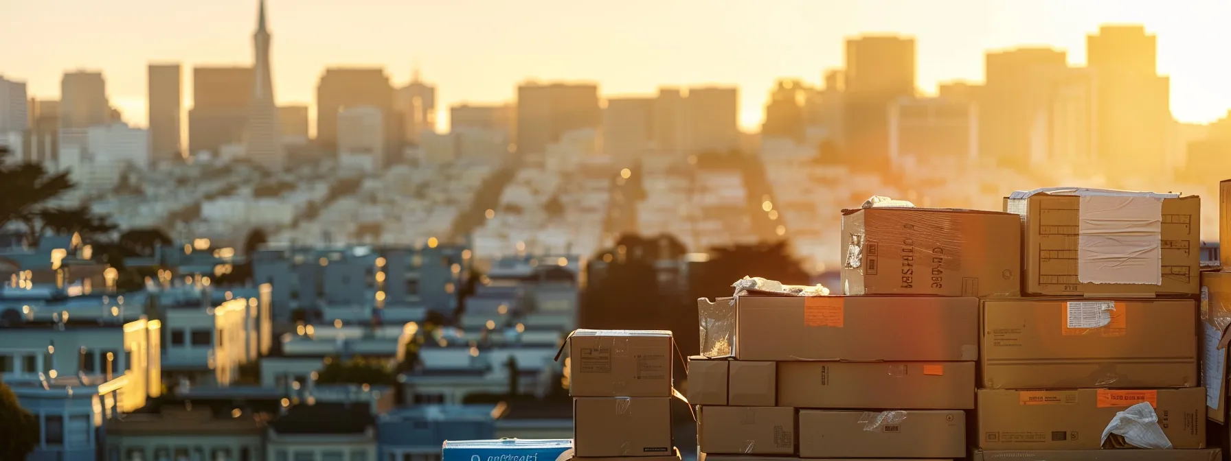 a stack of recyclable boxes and biodegradable packing materials against the backdrop of san francisco's cityscape, showcasing the shift towards eco-friendly moving supplies in the heart of the city. a stack of recyclable boxes and biodegradable packing materials against the backdrop of san francisco's cityscape, showcasing the shift towards eco-friendly moving supplies in the heart of the city.