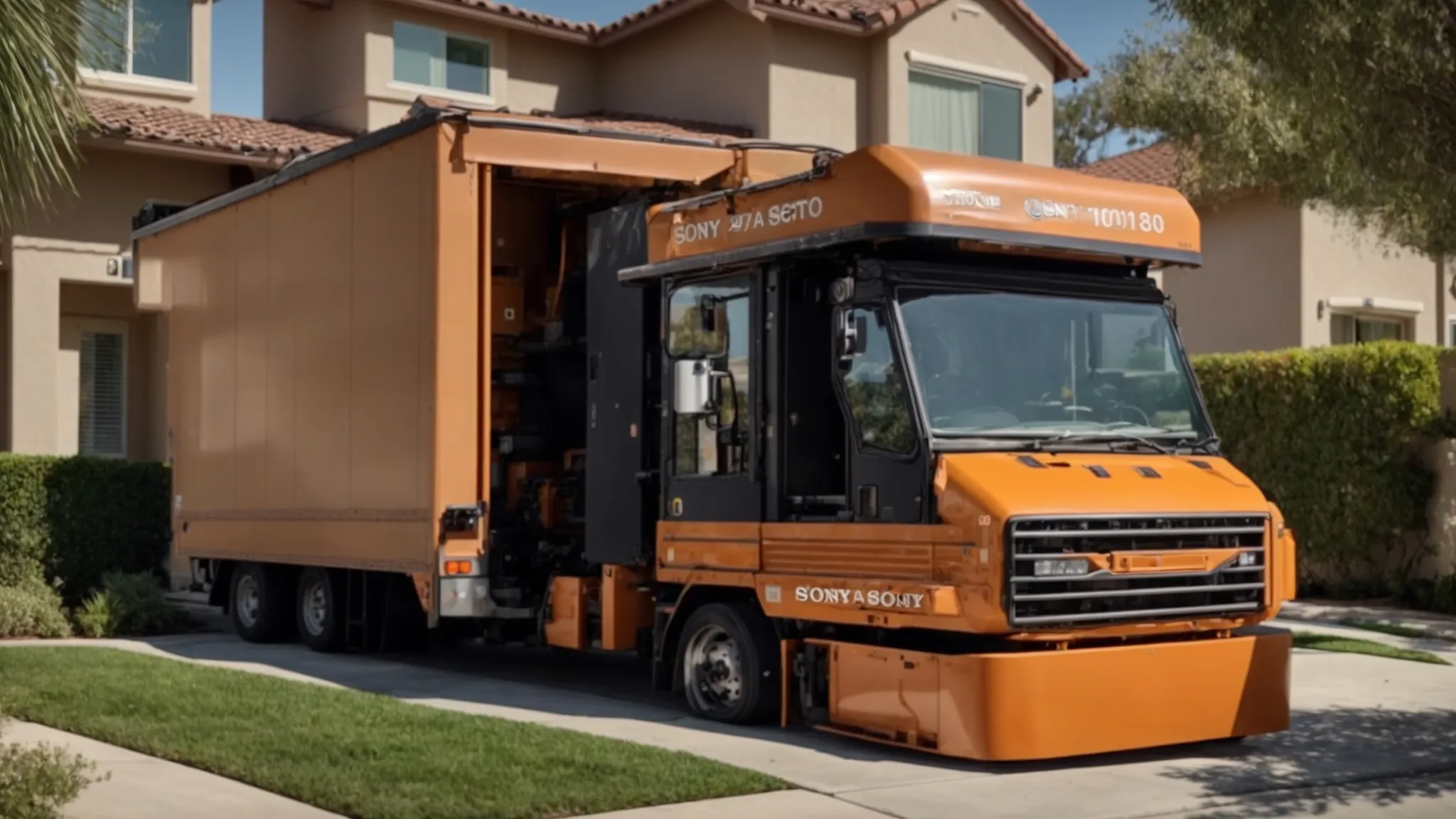 a sturdy moving truck packed with neatly stacked boxes, secured with heavy-duty straps, parked in front of a modern home in irvine, ca (33.6839° n, -117.8254° e).