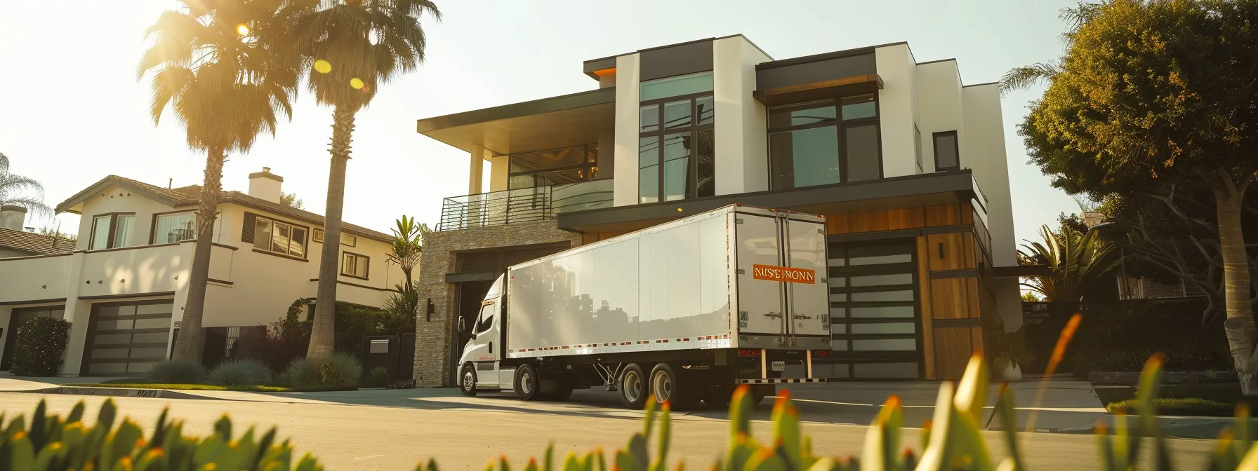 a sunny outdoor scene showing a moving truck parked in front of a modern home in irvine, ca, with a sign advertising reputable local moving companies in orange county. a sunny outdoor scene showing a moving truck parked in front of a modern home in irvine, ca, with a sign advertising reputable local moving companies in orange county.