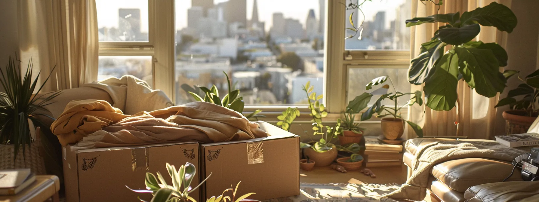 unpacking boxes filled with cozy blankets and houseplants in a sunlit living room with a view of downtown san francisco.