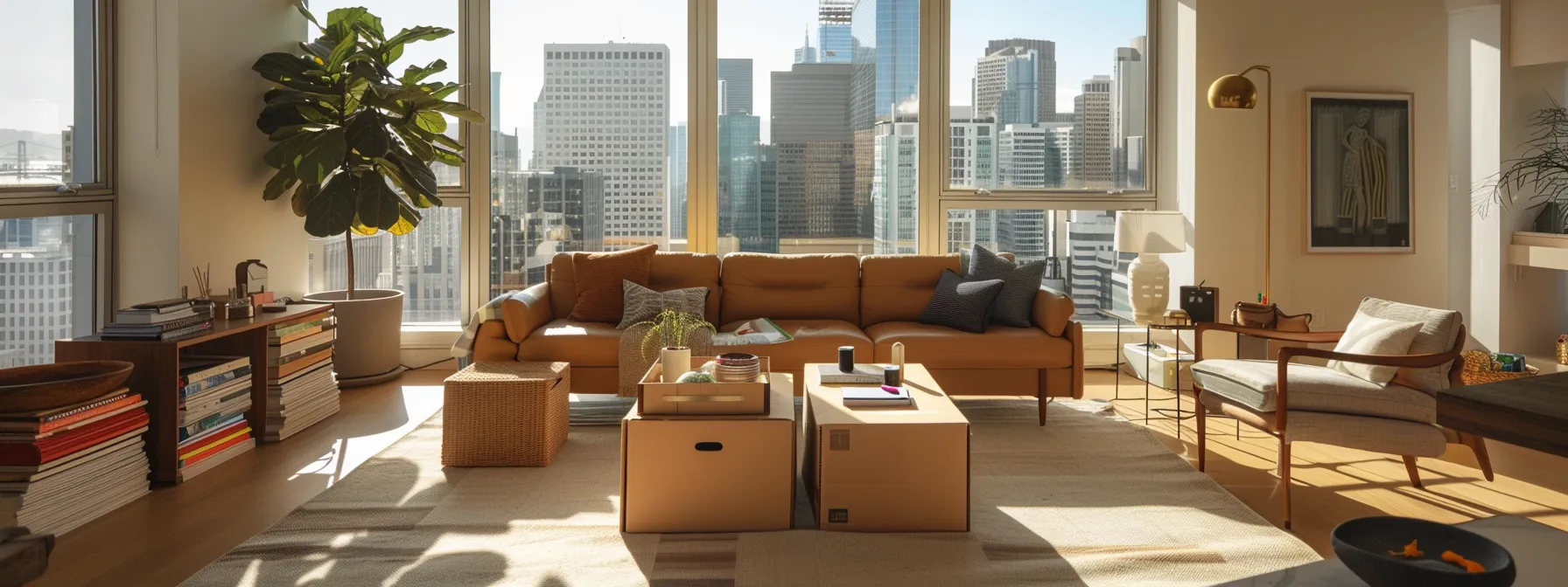 unpacking boxes in a bright, airy living room with a view of the city skyline, while organizing belongings methodically and updating address books, to settle into a new home in san francisco seamlessly. unpacking boxes in a bright, airy living room with a view of the city skyline, while organizing belongings methodically and updating address books, to settle into a new home in san francisco seamlessly.